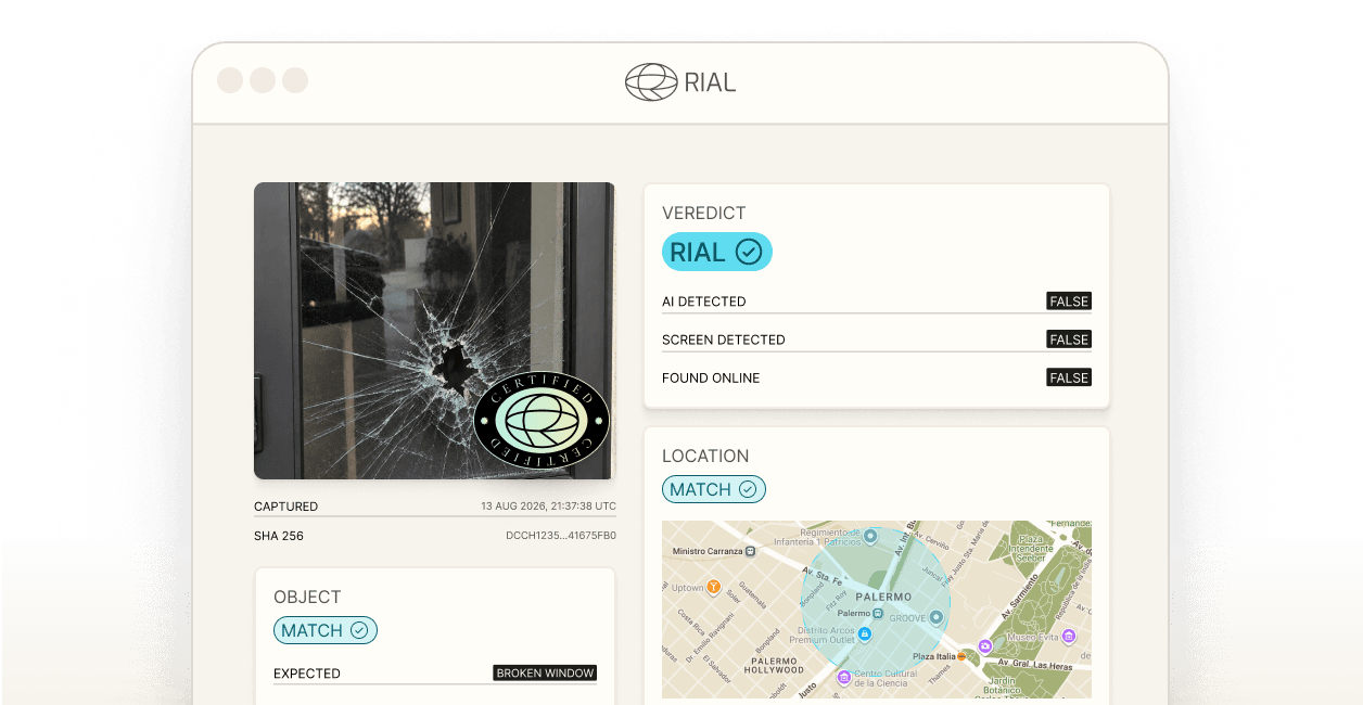 RIAL AI interface analyzing a broken window claim with verification and location matching results